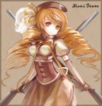  blonde_hair breasts brown_background character_name corset detached_sleeves drill_hair dual_wielding ephtracy fingerless_gloves gloves gun hair_ornament hairpin hat long_hair looking_at_viewer magical_girl mahou_shoujo_madoka_magica puffy_sleeves ribbon rifle skirt smile taut_shirt tomoe_mami twin_drills weapon yellow_eyes 