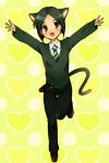  androgynous animal_ears arms_up bad_id bangs black_hair blush bob_cut cat_ears cat_tail command_spell fang fate/stay_night fate/zero fate_(series) green_eyes heart kemonomimi_mode male naiya necktie open_mouth parted_bangs smile solo tail waver_velvet 