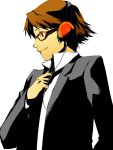  bad_id brown_eyes brown_hair bust formal fujino_miyabi glasses hanamura_yousuke headphones male necktie orange-framed_glasses persona persona_4 profile simple_background solo suit 