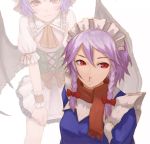  2girls ascot bat_wings blood blush bow braid corset face hair_bow inset izayoi_sakuya kurione_(zassou) lavender_hair looking_away maid_headdress multiple_girls nosebleed purple_hair red_eyes remilia_scarlet scarf short_hair simple_background skirt skirt_tug solo standing sweatdrop torn_wings touhou twin_braids wings wrist_cuffs 