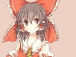  ascot bad_id bow brown_eyes brown_hair detached_sleeves dress hair_bow hair_tubes hakurei_reimu highres miko pasutel red_dress simple_background solo touhou translated 
