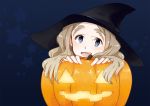  brown_hair chibikko_(morihito) eyebrows halloween hat jack-o&#039;-lantern jack-o'-lantern long_hair morihito original pumpkin thick_eyebrows witch_hat 