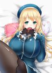  1girl aqua_eyes atago_(kantai_collection) blonde_hair breasts cat_pillow glasses gloves hat huge_breasts kantai_collection long_hair looking_at_viewer lying omamori pantyhose pillow shibi solo 