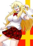  ben-tou blonde_hair blue_eyes breasts female impossible_clothes impossible_shirt jean-louis_(yuasa_rengou) large_breasts long_hair school_uniform shaga_ayame skirt smile solo 