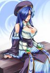  1girl blue_hair breasts cleavage cleavage_cutout green_eyes hair_over_one_eye hat large_breasts long_hair looking_at_viewer nam_(valckiry) open_mouth original sitting solo 