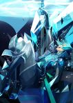  aqua aqua_eyes aqua_hair blazblue boots bubble coat gloves highres jin_kisaragi kisaragi_jin male monochrome nodachi pants selenoring smile solo sword turquoise_(color) underwater water weapon 