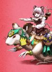  animal_ears arm_up armor basket bottle capelet claws dress footwear grey_hair highres holding mouse mouse_ears mouse_tail nazrin ofuda open_mouth pointing purple_eyes riding saebashi shoes short_hair simple_background socks solo tail touhou violet_eyes 