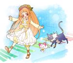  aqua_background bow brown_hair cat chiyo_(rotsurechiriha) choker dress flower hair_flower hair_ornament hummy_(suite_precure) long_hair outstretched_arms precure red_eyes ribbon sandals shirabe_ako siren_(suite_precure) smile spread_arms suite_precure sunflower 