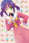  candy food green_eyes hair_ribbon hand_on_hip hayate_no_gotoku! heart highres hinata_mirun lollipop nishizawa_ayumu purple_hair ribbon school_uniform serafuku short_hair smile solo sweets twintails wink 