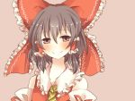  ascot bad_id blush bow brown_eyes brown_hair detached_sleeves dress hair_bow hair_tubes hakurei_reimu highres miko pasutel red_dress simple_background smile solo touhou 