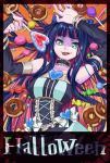  blue_hair bow breasts candy checkerboard_cookie cookie doughnut dress food green_eyes hair_bow halloween lollipop long_hair macaron multicolored_hair panty_&amp;_stocking_with_garterbelt shaped_lollipop smile solo stocking_(psg) swiss_roll tongue tongue_out two-tone_hair yanagi_akira 