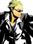  bad_id blonde_hair blue_eyes bust formal fujino_miyabi glasses jewelry male necklace necktie persona persona_4 short_hair simple_background solo suit sunglasses tatsumi_kanji 