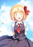  arms_behind_back ascot blonde_hair blush bob_cut bow closed_eyes eyes_closed hair_bow happy ke-ta open_mouth rumia see-through short_hair skirt skirt_set smile solo the_embodiment_of_scarlet_devil touhou youkai 