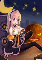  bare_shoulders black_legwear blush body_blush breasts cleavage detached_collar detached_sleeves front-tie_top hair_ornament hairclip halloween halterneck headphones highres jack-o&#039;-lantern jack-o'-lantern long_hair moon nitroplus open_mouth pantyhose pink_eyes pink_hair pumpkin sitting smile solo sonico speaker star super_sonico zhuoyandesailaer 