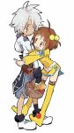  1girl basket blue_eyes boots brown_eyes brown_hair gloves norma_beatty senel_coolidge smile soto tales_of_(series) tales_of_legendia thigh_boots thighhighs white_background white_hair yellow_legwear 