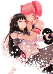  akemi_homura black_hair bow brooch closed_eyes eyes_closed gloves hair_bow hand_on_another's_face hand_on_face highres hug jewelry kaname_madoka light_particles long_hair magical_girl mahou_shoujo_madoka_magica multiple_girls nanahime_(aoi) pantyhose pink_hair purple_eyes short_hair short_twintails simple_background skirt smile twintails violet_eyes 
