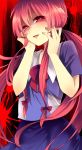  amaya_enaka blood blood_splatter blush gasai_yuno hands_on_own_cheeks hands_on_own_face hands_to_face highres long_hair looking_at_viewer mirai_nikki open_mouth pink_eyes pink_hair solo yandere_trance 