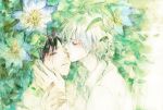  2boys closed_eyes flower ikari_shinji kiss multiple_boys nagisa_kaworu neon_genesis_evangelion tears traditional_media vll watercolor_(medium) yaoi 