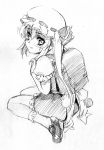  backpack bag byeontae_jagga flandre_scarlet graphite_(medium) hat henshako looking_back mary_janes monochrome randoseru school_bag shoes sitting solo the_embodiment_of_scarlet_devil touhou traditional_media 