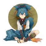  1boy bandages blue_hair japanese_clothes sandals sayo_samonji sitting solo tko_(mmtmk) touken_ranbu 