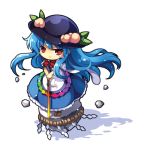  :&gt; apron blue_hair blush_stickers bow capura_lin chibi dress food fruit hands_on_hilt hat hinanawi_tenshi keystone large_bow long_hair lowres peach puffy_sleeves red_eyes ribbon rock shide shimenawa simple_background smile solo standing sword sword_of_hisou touhou waist_apron weapon 