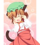  blush bow brown_hair cat_ears cat_tail chen closed_eyes earrings fang hat heart heart_tail highres jewelry multiple_tails open_mouth pila-pela ribbon short_hair tail touhou 