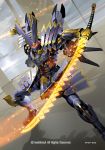  cardfight!!_vanguard cloud dual_wielding energy_sword epic gold_rutile katana mecha pose robot samurai science_fiction sword takayama_toshiaki weapon 