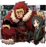  armor black_hair bob_cut cape chibi fate/stay_night fate/zero fate_(series) green_eyes male multiple_boys necktie petting red_eyes red_hair redhead rider_(fate/zero) ryuukichi short_hair sitting size_difference 