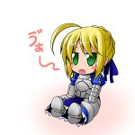  ahoge armor blonde_hair blush_stickers chibi fate/stay_night fate/zero fate_(series) green_eyes ichimi open_mouth saber sitting skirt solo translation_request va 