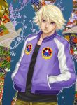  blonde_hair dutch_angle enk_(mlrampy) hands_in_pockets ivan_karelin jacket letterman_jacket male mlrampy purple_eyes purple_jacket short_hair solo tiger_&amp;_bunny violet_eyes 