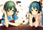  aqua_eyes aqua_hair blush green_eyes green_hair gumi hand_on_headphones hands_on_headphones hatsune_miku headphones heart ichiko_oharu multiple_girls smile vocaloid 