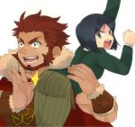  1boy angry ass bangs beard black_hair bob_cut carrying facial_hair fate/stay_night fate/zero fate_(series) green_eyes male multiple_boys parted_bangs person_over_shoulder red_eyes red_hair redhead shita_ppa shoulder_carry smile solo spanked sweat trap waver_velvet 