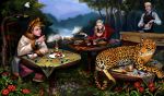  blonde_hair book bottle cheetah cigar dospi drinking eagle facial_hair forest glasses kiseru leopard mustache nature original pipe reading sitting straw table tea watch wristwatch 
