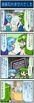  4koma artist_self-insert bathing blue_hair comic frog green_eyes green_hair highres kochiya_sanae mizuki_hitoshi multiple_girls naked_towel onsen sign snake tatara_kogasa touhou towel translated translation_request umbrella 