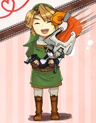  blonde_hair carrying gloves hat helmet imp link midna nintendo pointy_ears punching red_eyes smile the_legend_of_zelda totsuji_rio twilight_princess 