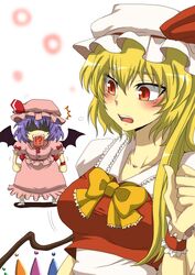  2girls adult bat_wings blonde_hair blush bowtie breast_envy breasts flandre_scarlet hat highres large_breasts long_hair multiple_girls nitoni open_mouth purple_hair red_eyes remilia_scarlet ribbon shaded_face short_hair siblings side_ponytail sisters surprised touhou turn_pale wings wrist_cuffs 