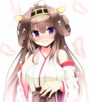  1girl ahoge blush brown_hair detached_sleeves double_bun feathers hairband happy_tears inuzumi_masaki japanese_clothes jewelry kantai_collection kongou_(kantai_collection) long_hair looking_at_viewer nontraditional_miko open_mouth ring solo tears violet_eyes wedding_ring wide_sleeves 