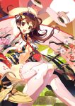  arms_up ass breasts brown_hair bunny_ears center_opening detached_sleeves hands long_hair masa-koba mechanical_parts midriff navel no_bra open_mouth original red_eyes smile solo thigh-highs thighhighs thighs under_boob underboob 