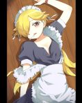  apron arm_up blonde_hair blush candy deyuuku floor food frills hair_over_one_eye jewelpet_(series) jewelpet_sunshine lollipop long_hair looking_at_viewer lying maid maid_headdress mouth_hold on_back on_floor solo strap_slip unbuttoned wooden_floor yellow_eyes 