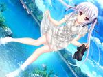  barefoot boat cloud dress dress_lift dutch_angle game_cg holding holding_shoes jewelry komori_kei lens_flare lisa_eostre long_hair looking_at_viewer necklace open_mouth purple_eyes red_eyes risa_eostole see-through shoes_removed silver_hair sky solo twintails wading walkure_romanze water white_hair 