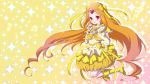  boots bow bubble_skirt choker circlet cure_muse cure_muse_(yellow) dress earrings frills gathers hair_ribbon heart highres jewelry jun_(kyurisin) long_hair magical_girl orange_hair precure red_eyes ribbon ruffles shirabe_ako smile solo sparkle suite_precure yellow yellow_background yellow_dress 