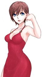  bare_shoulders blue_eyes breasts brown_hair chika_(piapro) cleavage dress female hair_tucking meiko o-ring_top parted_lips red_dress short_hair simple_background solo vocaloid 