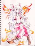  cross-laced_footwear fiery_wings fire fujiwara_no_mokou graphite_(medium) highres ofuda pants shinoasa solo suspenders touhou traditional_media watercolor_(medium) 