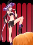  blue_eyes boots breasts cleavage front-tie_top hair_ornament halloween hat heterochromia high_heels lavender_hair lavolpe_(yagisaka_seto) long_hair midriff navel original payot ponytail pumpkin purple_eyes shoes silver_hair skirt solo sucker very_long_hair witch witch_hat yagisaka_seto 