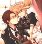  alternate_hairstyle alvin_(tales_of_xillia) bespectacled blonde_hair brown_eyes brown_hair brown_legwear corset double_bun glasses indoors maid maid_headdress milla_maxwell necktie red_eyes short_hair skirt smile suzuka_(once) tales_of_(series) tales_of_xillia thigh-highs thigh_strap thighhighs window 