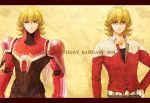  30 bad_id barnaby_brooks_jr belt blonde_hair character_name dual_persona glasses green_eyes hand_on_hip hips jacket jewelry male multiple_boys necklace power_armor power_suit red_jacket studded_belt superhero tiger_&amp;_bunny 