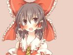  ascot bad_id blush bow brown_eyes brown_hair detached_sleeves dress hair_bow hair_tubes hakurei_reimu highres miko open_mouth pasutel red_dress simple_background solo touhou 