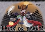  ;d adapted_costume bat bat_wings brown_eyes brown_hair cape fence ghost gloves goggles hallco halloween horns jack-o&#039;-lantern jack-o'-lantern karol_capel key lantern male open_mouth pants pointing pumpkin smile solo tales_of_(series) tales_of_vesperia trick_or_treat white_gloves wings wink 