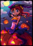  bare_shoulders boots brown_hair cape choker cloud costume crescent earrings elbow_gloves futami_ami futami_mami gloves halloween hand_on_hat hat idolmaster jack-o&#039;-lantern jack-o'-lantern jewelry long_hair midriff moon navel night night_sky open_mouth pantyhose pumpkin side_ponytail skirt sky striped striped_legwear striped_pantyhose takatsuki_yayoi twintails witch witch_hat yuutousei 