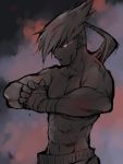  abs adon bandage bandages cracking_knuckles fist_in_hand glowing glowing_eye hair_over_one_eye headband hikage_mono long_hair male mongkhon muscle shadow shirtless solo street_fighter 